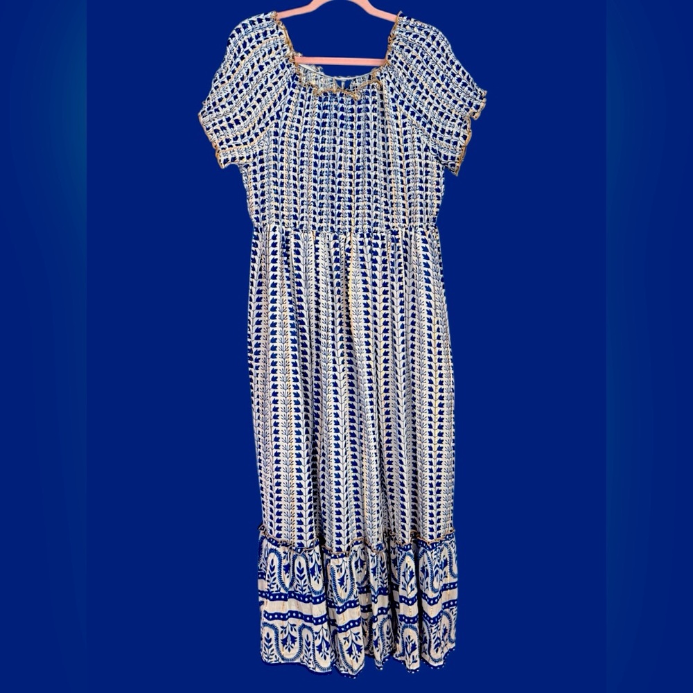 Refined Threads plus boho maxi dress navy blue metallic striped smocked new